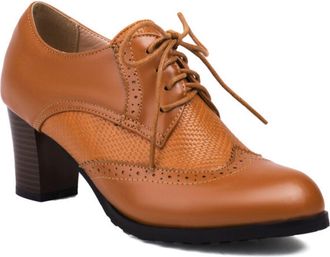 Generic Womens Oxford Pumps Lace Up Round Toe Block Heel Woven Panel Perforated Trim Smooth Upper Dress Shoes Comfortable for Fashion Party,Brown,7.5 UK