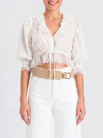 Twinset Cropped Tulle Blouse with Ruffles and Puff Sleeves