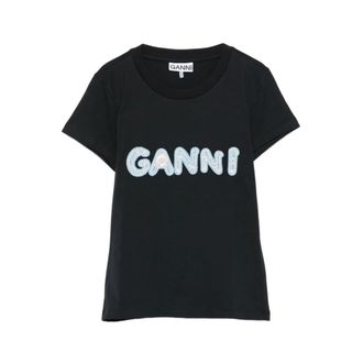 Ganni T-Shirts, female, Black, Size: XS Round Neck T-Shirt