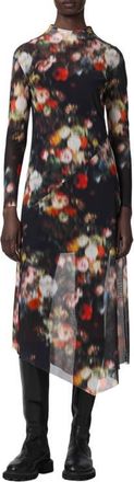 AllSaints Gracie Floral Mesh Long Sleeve Midi Dress in Hazed Black at Nordstrom, Size 10