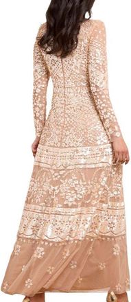 Needle & Thread Aurora Long Sleeve Round Neck Gown in Butterscotch/Gold at Nordstrom, Size 14