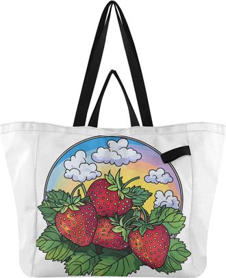 Generic Clouds Stawberry Yellow pattern Reusable Canvas Tote Bag, Heavy Duty Grocery Shopping Bag with Large Capacity Hard Bottom Double Handles Work Grocerie