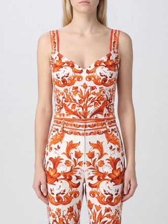 Dolce & Gabbana Top cropped a corsetto in seta con stampa Maioliche