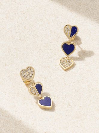 Sydney Evan Orecchini In Oro 14 Carati Con Lapislazzuli E Diamanti Three Hearts - Blu