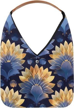 Generic Blue Golden Petals Pattern Reusable Lightweight Grocery Bags - Foldable Into Compact Pouch, Washable & Sturdy, Multipurpose for Shopping and Travel