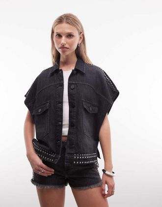 AllSaints Alba - Camicia di jeans a maniche corte nero slavato con borchie