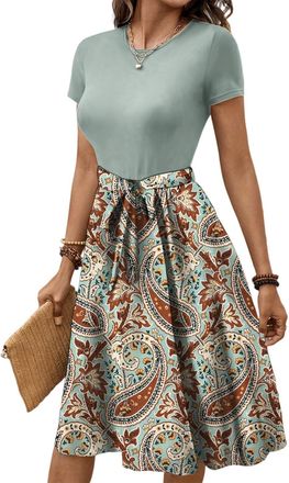 Generic Short Sleeve Dress for Women Summer Empire Waist Belted Semi Formal Floral Dresses Flowy Midi Length Sundresses Turquoise M