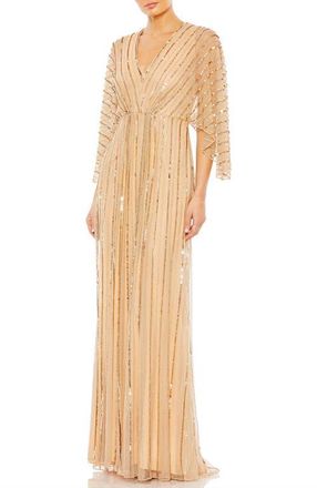 Mac Duggal Sequin Beaded Stripe Cape Sleeve V-Neck Gown in Taupe at Nordstrom, Size 20