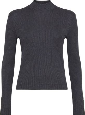 Brunello Cucinelli roll-neck ribbed jersey top - women - Cotton - M - Grey
