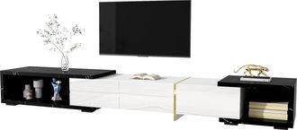 STILVORA Mueble De Tv Extensible Giratorio 140-260 Cm Con Almacenaje, M&aacute;rmol Negro, Frente Blanco Brillo, Detalles Dorados, Mdf, 140&times;40&times;30 Cm