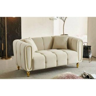 Dmora Sof&aacute; Fijo 2 Plazas Japura, Sof&aacute; Recto, Sof&aacute; Para Sal&oacute;n, Sill&oacute;n Doble, 81x155 H71 Cm, Crema Y Oro - Dmora