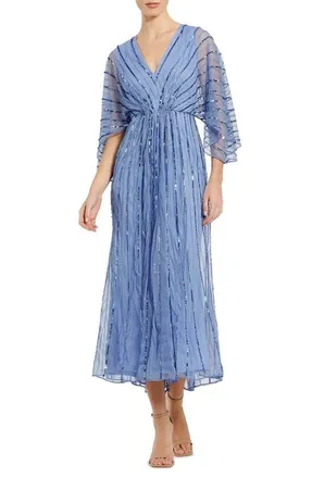 Mac Duggal Sequin Beaded Stripe Cape Sleeve V-Neck Gown in Periwinkle at Nordstrom, Size 24