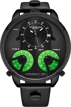 St&uuml;hrling Mens TerraTime Triple-Time 4051 Quartz 50mm - Black Stainless Steel - One Size