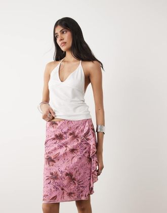 Motel Asiki - Gonna midi rosa con stampa animalier