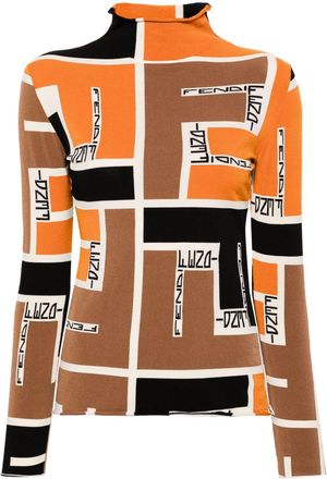 Fendi logo-jacquard mock-neck blouse - women - Viscose/Polyester - 40 - Orange