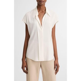 Vince Cap Sleeve Stretch Silk Button-Up Shirt in Chalk at Nordstrom, Size Xx-Small