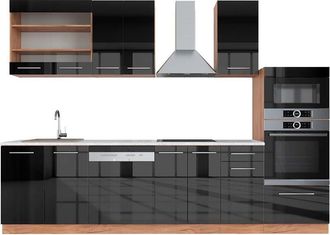 Vicco Mueble De Cocina Fame-line, Antracita Brillo Intenso/roble Dorado El&eacute;ctrico, 300 Cm Con Armario Alto, Et M&aacute;rmol