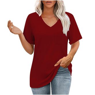 Generic Tshirts Summer Oversized Top for Women UK Sale Plain Short Sleeve V-Neck T-Shirts with Pocket Casual Loose-Fit Basic Solid Tee Shirts Blouse Ladies Cl