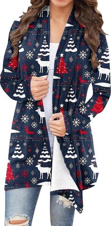 Generic Blue Ladies Cardigans UK Plus Size Christmas Festival Tops Womens Open Front Xmas Patterned Cardigan Snowflake Reindeer Santa Claus Print Loose Lightw
