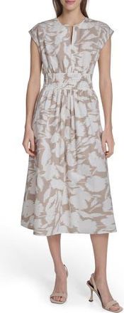 Calvin Klein Smocked Fit and Flare Midi Dress in Khaki/Cream at Nordstrom Rack, Size 10