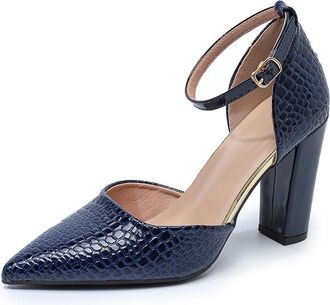 Generic Womens Closed Pointed Toe Block High Heel Pumps with Buckle Ankle Strap Fashion Formal Party Prom Work Shoes (7.5,Blue)