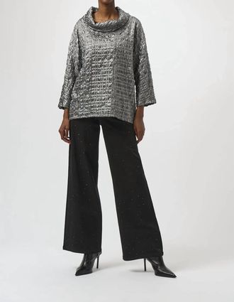 Joseph Ribkoff Foiled Cowl Neck Dolman Sleeves Top In Pewter