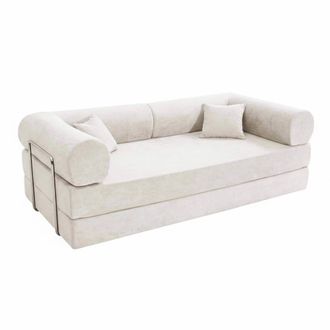 Oviala Sof&aacute; cama de 2 plazas en tela con cojines modulares ecru l 204 cm