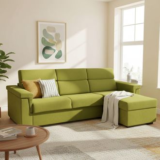 Dmora Sof&aacute; Cama Con Chaise Longue, Desenfundable, Almacenaje Made In Italy, Hidr&oacute;fugo Convertible En Cama, 285x160 Cm Verde