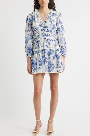 Chelsea28 Long Sleeve Ruffle Trim Minidress in Ivory - Blue Adeline Floral at Nordstrom Rack, Size Xx-Large