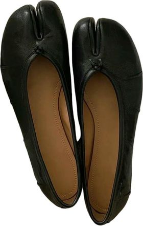 Generic SLJYM Fashion Soft Leather Split Women Tabi Ballet Flats Autumn Comfortable Walking Lazy Loafers Casual Girls Dance Shoes Black