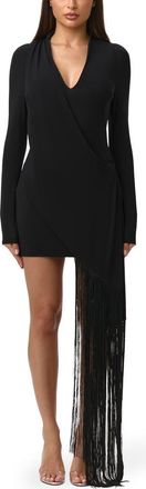 Naked Wardrobe Slinky Fringe Detail Long Sleeve Minidress in Black at Nordstrom, Size X-Large