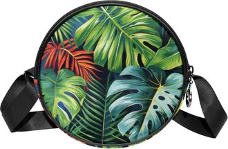 Generic Circle Crossbody Bag for Women, Tropical Plants Small Sling Bag Daypack with Zipper Adjustable Shoulder Straps Casual Ladies Girls Round Purse