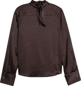 Staud Rhodes Long Sleeve Stretch Silk Top in Earth at Nordstrom, Size X-Large
