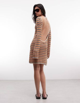 Monki vestito corto alluncinetto a righe multicolore arancioni