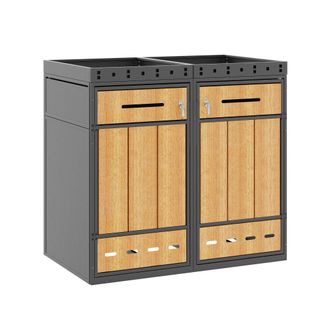 STILVORA Armario Para Cubos De Basura Doble Con Jardinera, Acero, Efecto Madera, Gris, Con Cerradura, 120-240 L