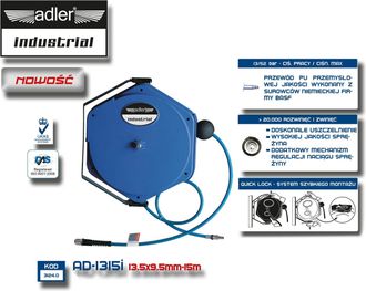 Adler Europe Manguera Neum&aacute;tica Pu 13,5x9,5mm X 1m Con Enrollador, Herramienta Profesional Para Aire Comprimido, Almacenamiento Seguro, Material Resistente, Dise&ntilde;o