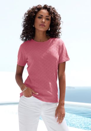 Vivance Kurzarmshirt VIVANCE mit modischem Ajour-Muster, Damen, Gr. 32/34, lila (beere), Feinstrick, Obermaterial: 60% Baumwolle, 40% Polyester, figurumspiele