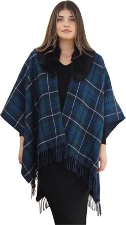 Ralph Lauren Schotse geruite poncho met bontkraag voor dames - U- VER - Dames - Ponchos - Blauw - ONE Size - Polyester - Jassen