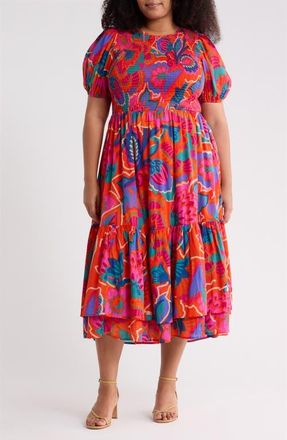 Sugarlips Kahlia Tropics Aruba Smocked Midi Dress in Red-Multi at Nordstrom, Size 3X