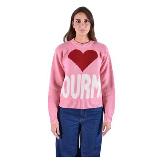 MC2 Saint Barth Round-neck Knitwear, female, Pink, XS, White Half Neck Jumper with Courma and Heart Jacquard