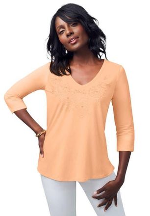 Jessica London Stretch Cotton Embroidered Tee in Peach Fuzz Floral Embroidery at Nordstrom, Size Small