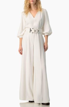 Ivonne Belted V-Neck Balloon-Sleeve Wide-Leg Jumpsuit in White at Nordstrom, Size 10