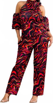 Karen Kane Cold Shoulder Top And Wide Leg Pants Set In Red Multi