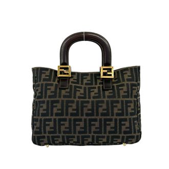 Fendi Black Brown Canvas Leather Handbag Tote Bag (Pre-Owned)