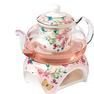 OEM Tetera - Porcelana Fina - Capacidad 500 Ml - Dise&ntilde;o Retro Con Motivo De Mariposas - Rosa