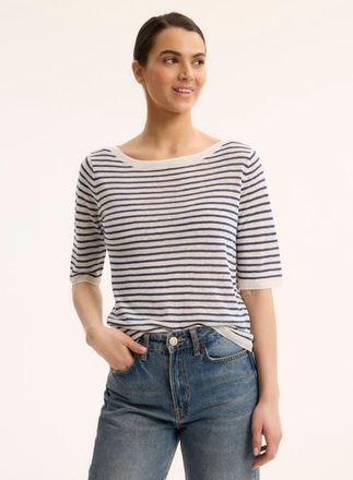 Majestic Filatures Linen Knit Stripe Elbow Sleeve Crewneck in Marine at Nordstrom, Size 3