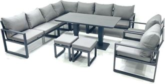Fimous Fimous 11 Seater Outdoor Aluminum Garden Furniture Set Corner Sofa 2 Chair 2 Small Footstool Adjustable Rising Lifting Dining Table Sets Dark Grey