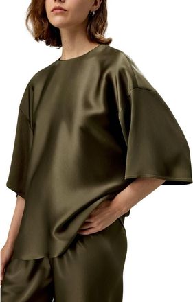 LilySilk Relaxed Silk Crewneck Blouse in Pine at Nordstrom, Size Medium