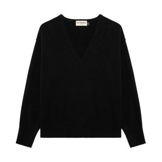 Roy Rogers Zwarte Sweaters met V-Hals en Ribboorden - Dames - Ronde hals truien - Zwart - L - Wol - Truien & Vesten