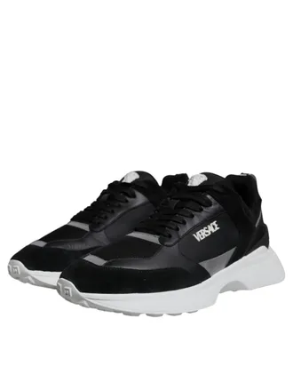 Versace Mens Black Canvas Quad Fabric Medusa Low Top Sneaker Shoes And White Pu Pl Co